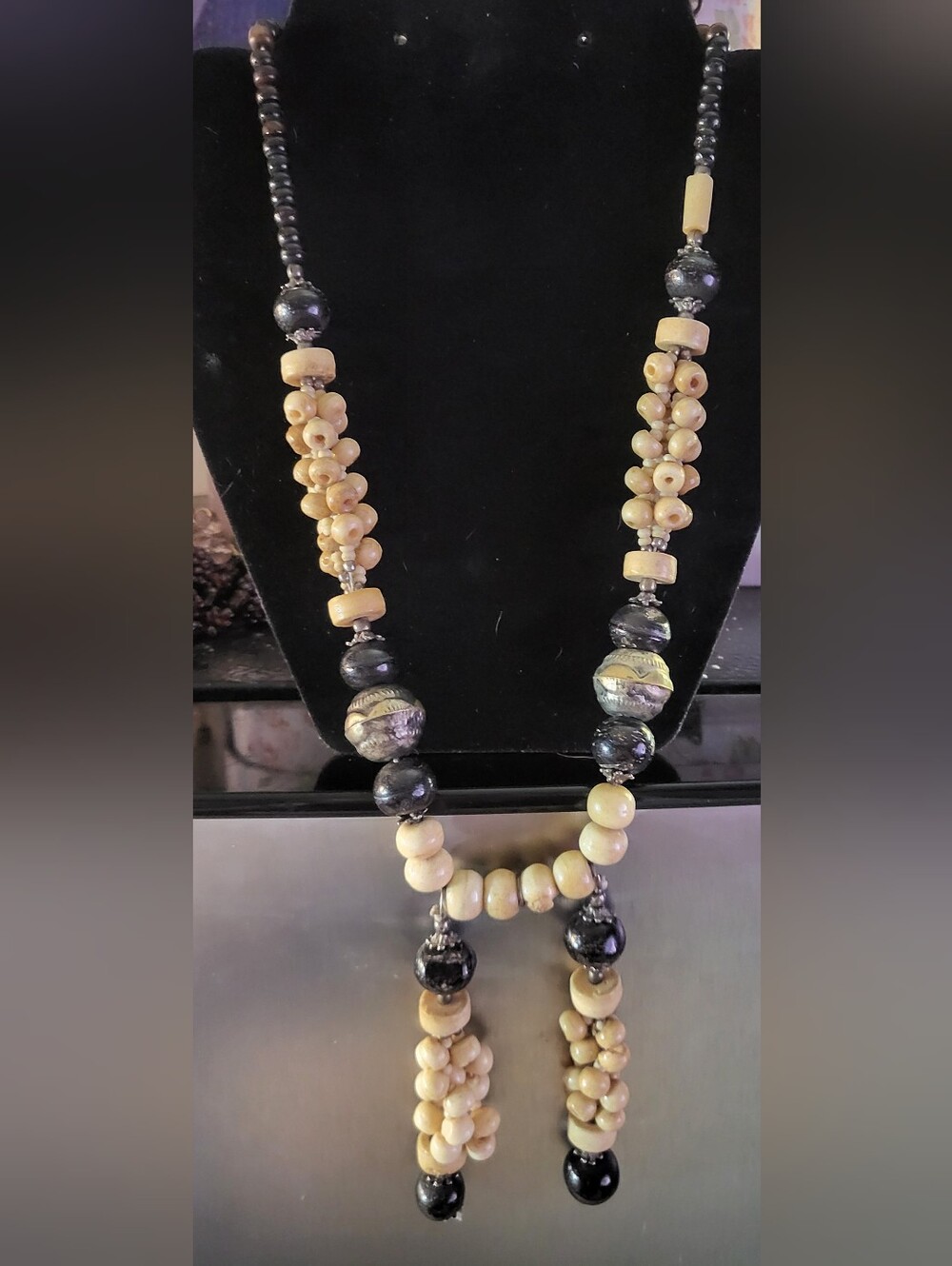 22" Vtg Hand Carved Bone Cluster Bead Lariat Necklace Boho Tribal Silver Tone